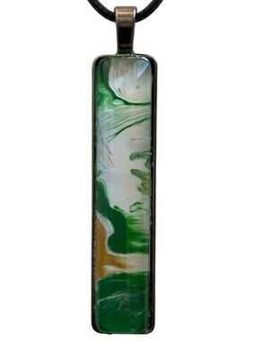 Hand Crafted Fluid Art Necklace Green Gold and White Pendant by Svetlana Yeung